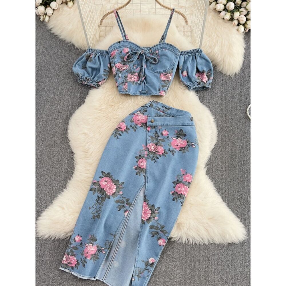 💥3/$180💥Matchy Denim Floral Tie-Front Jeans Boho Top And Midi Skirt Set
